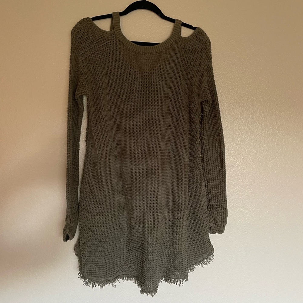 Free People Sweater- Olive green, cold shoulder top - Picture 3 of 3